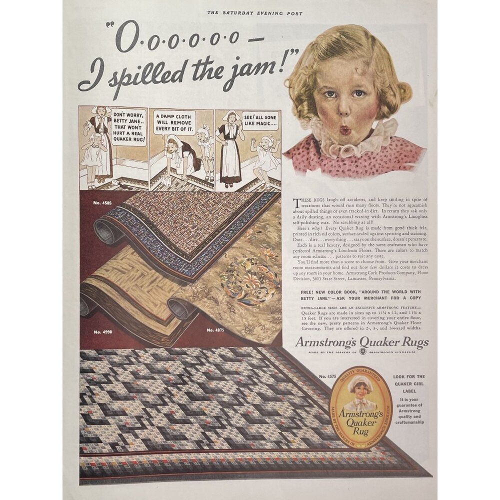 Armstrongs Quaker Rugs Cleaning Ease Vintage Print Ad 1936 Lancaster PA u